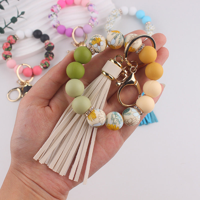 Wholesale 3pcs Food Grade Silicone Bead Key Bracelet Printed Silicone Wrist Keychain